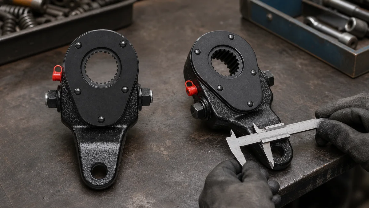 Automatic slack adjusters inspected on a workshop bench with spline openings and forged arms visible
