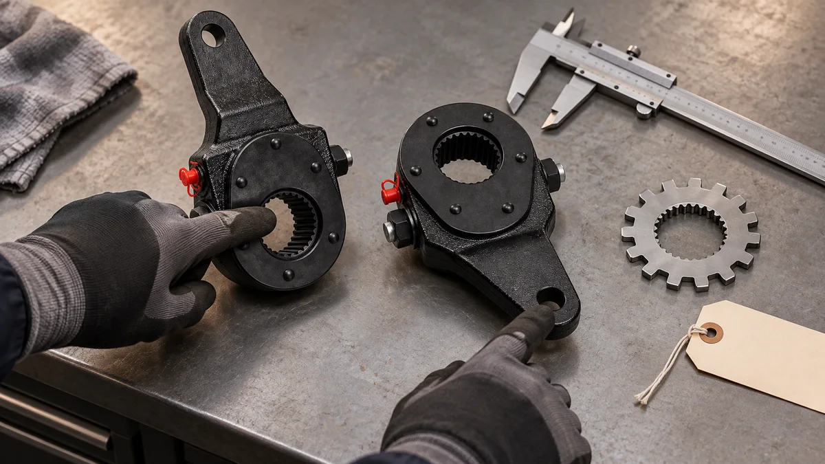 Illustrative inspection of automatic slack adjuster spline openings and arm-end holes on a workshop bench