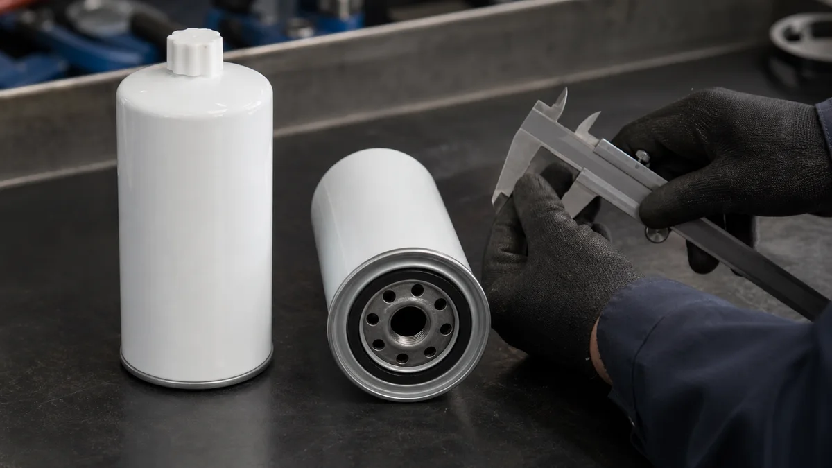 White truck fuel filters inspected on a workshop bench with the threaded base and sealing ring visible