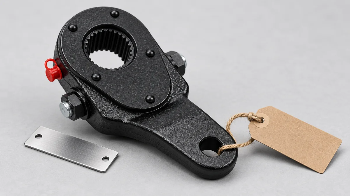Illustrative Hande-style slack adjuster with visible spline opening and a separate identity tag