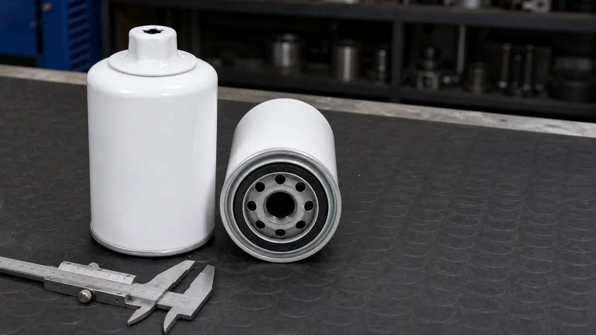 White truck oil filters inspected for height, M30x2 thread and sealing-base detail