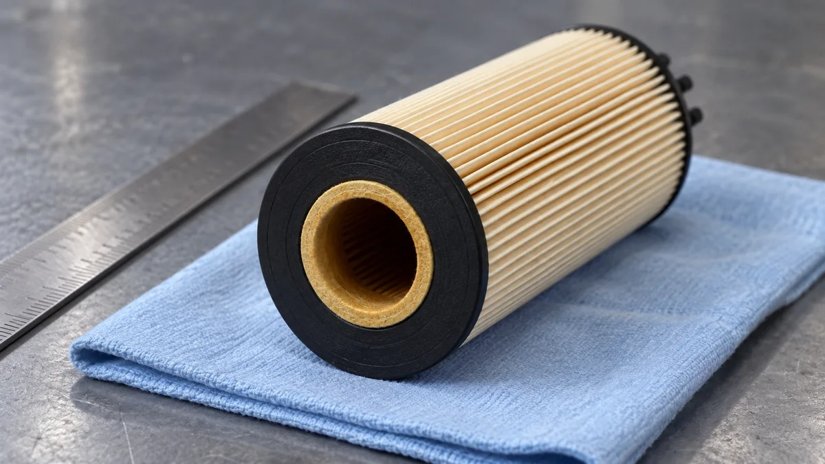 Illustrative pleated oil-filter cartridge shown horizontally with its circular end opening visible
