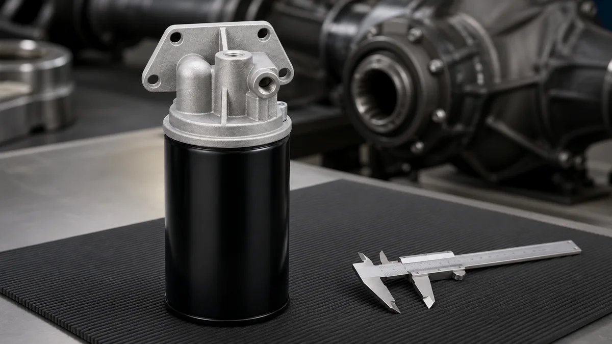 Oil filter assembly inspection with mounting and connection points visible