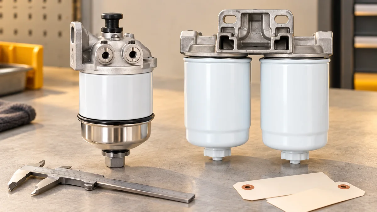 Illustrative single-bowl and twin-bowl fuel-filter assemblies on an inspection bench