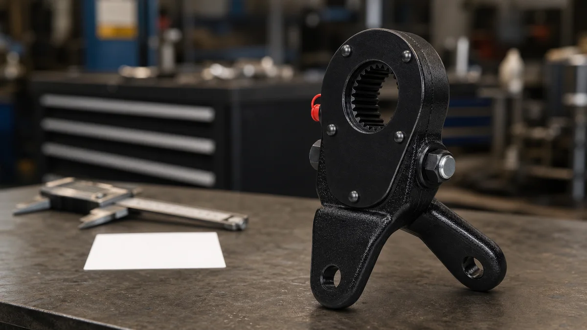 Black automatic slack adjuster with large spline opening and forged arm inspected on a workshop bench