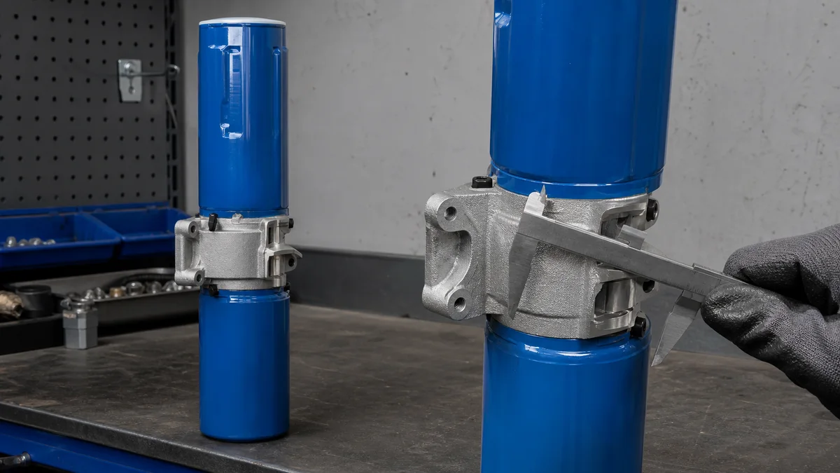 Twin-bowl truck oil filter assemblies inspected on a workshop bench with central mounting blocks visible