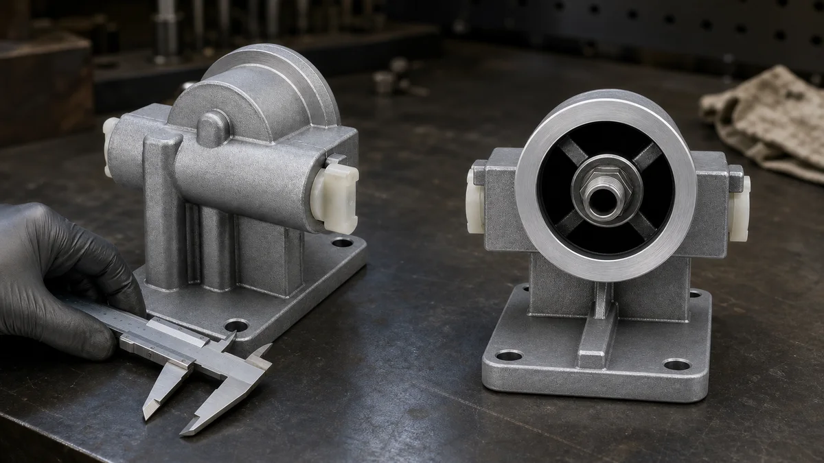 Coolant filter assemblies compared on a workshop bench with four-hole mounting bases and spin-on interfaces visible