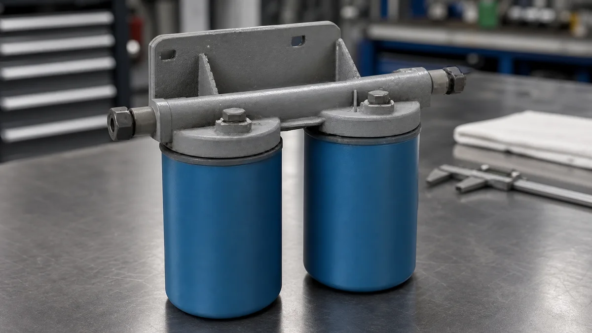 Twin-bowl blue fuel filter assembly with wide grey base and rear mounting bracket inspected on a workshop bench